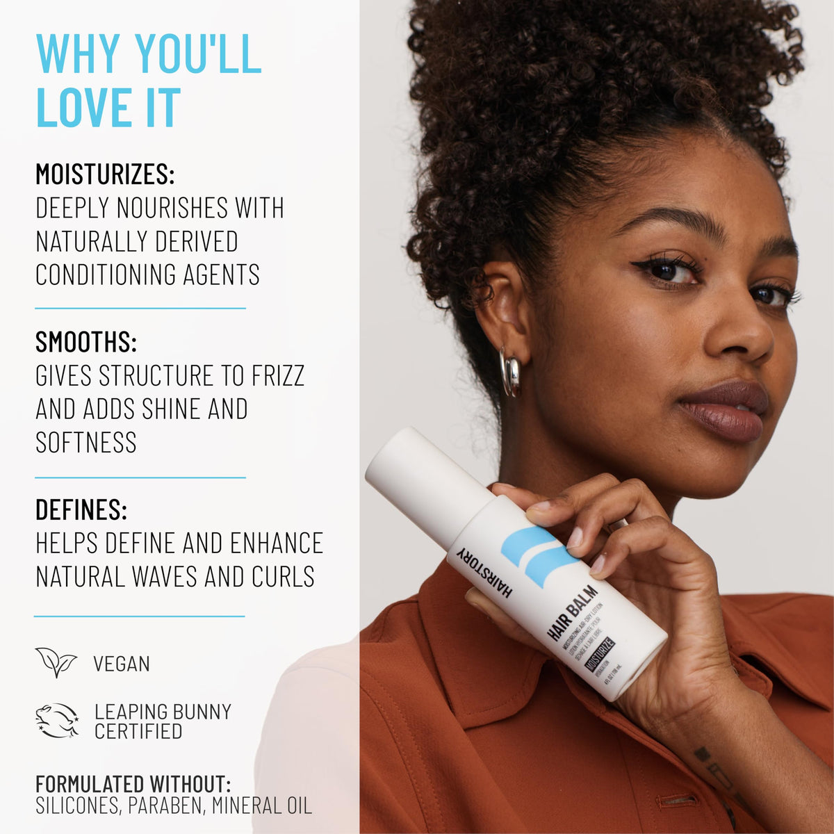 Hairstory Hair Balm dispensed on hand to show easy application benefit