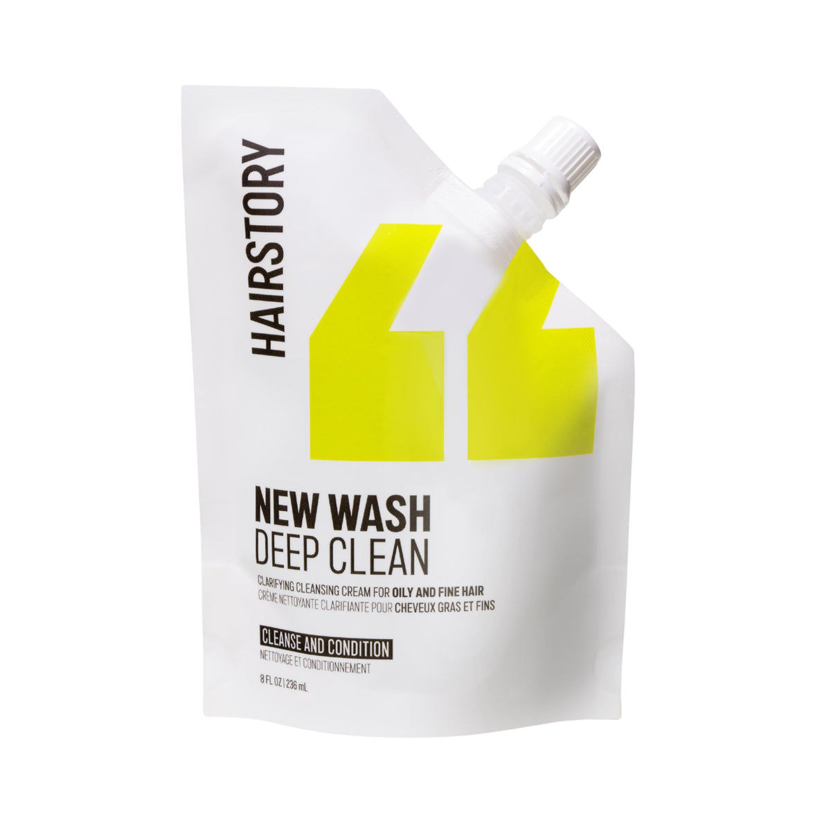 Hairstory pouch front view showing product packaging and easy refill benefit