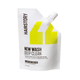 Hairstory pouch front view showing product packaging and easy refill benefit