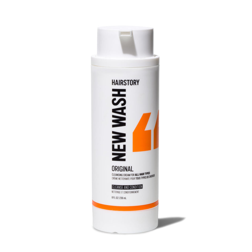 Hairstory New Wash front packaging showing bottle and label for gentle cleansing