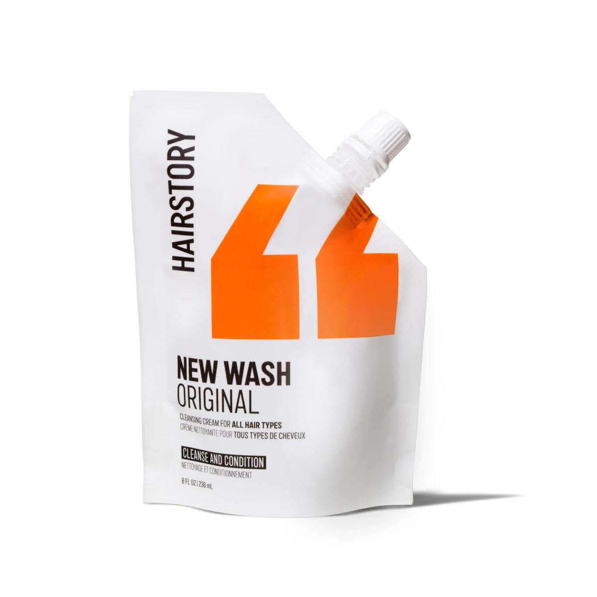 Hairstory new wash front pouch showing clean packaging and easy refill benefit