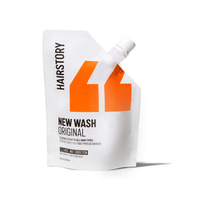 Hairstory new wash front pouch showing clean packaging and easy refill benefit