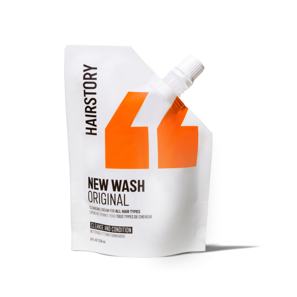 Hairstory new wash front pouch showing clean packaging and easy refill benefit
