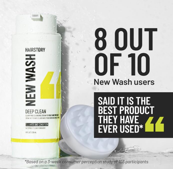 Hairstory New Wash refillable bottle with scale for size and sustainability benefit