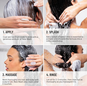 Hairstory New Wash Rich applied to wet hair demonstrating cleansing action