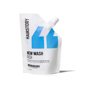 Hairstory New Wash Rich front pouch showing refill design and product benefit