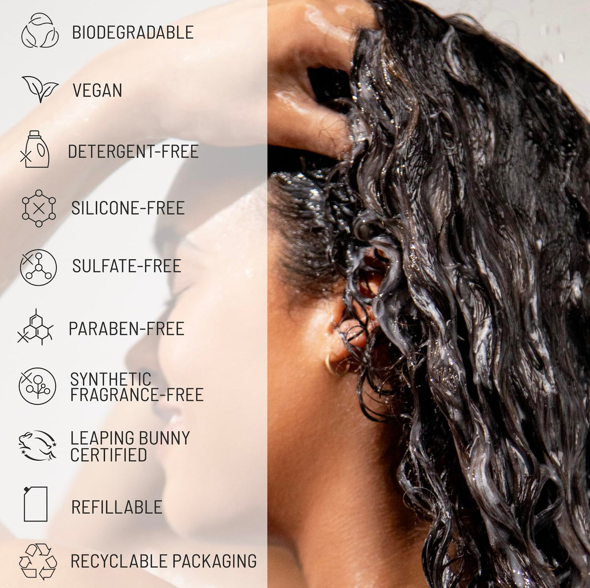 Hairstory product label close-up showing clean ingredients and color-safe benefit
