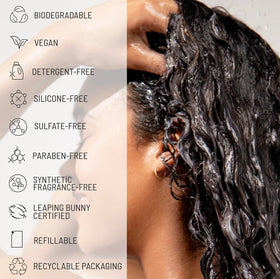 Hairstory product label close-up showing clean ingredients and color-safe benefit