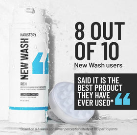 Hairstory refillable bottle neck and cap detail emphasizing sustainable packaging