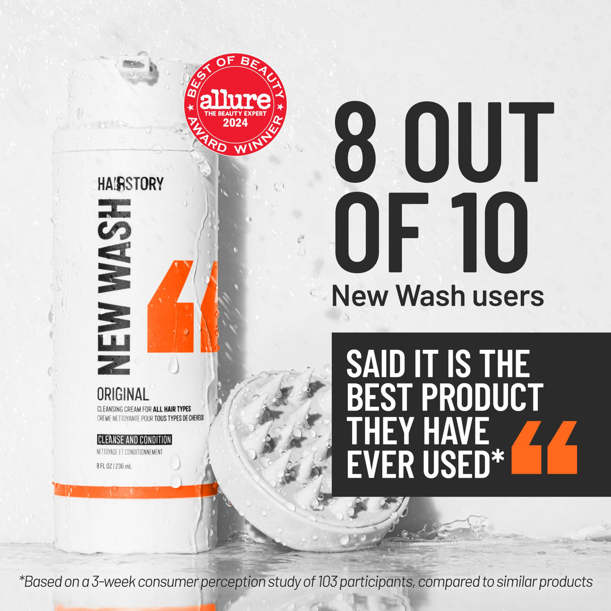 8 fl oz Hairstory New Wash next to a ruler to show compact travel-friendly size