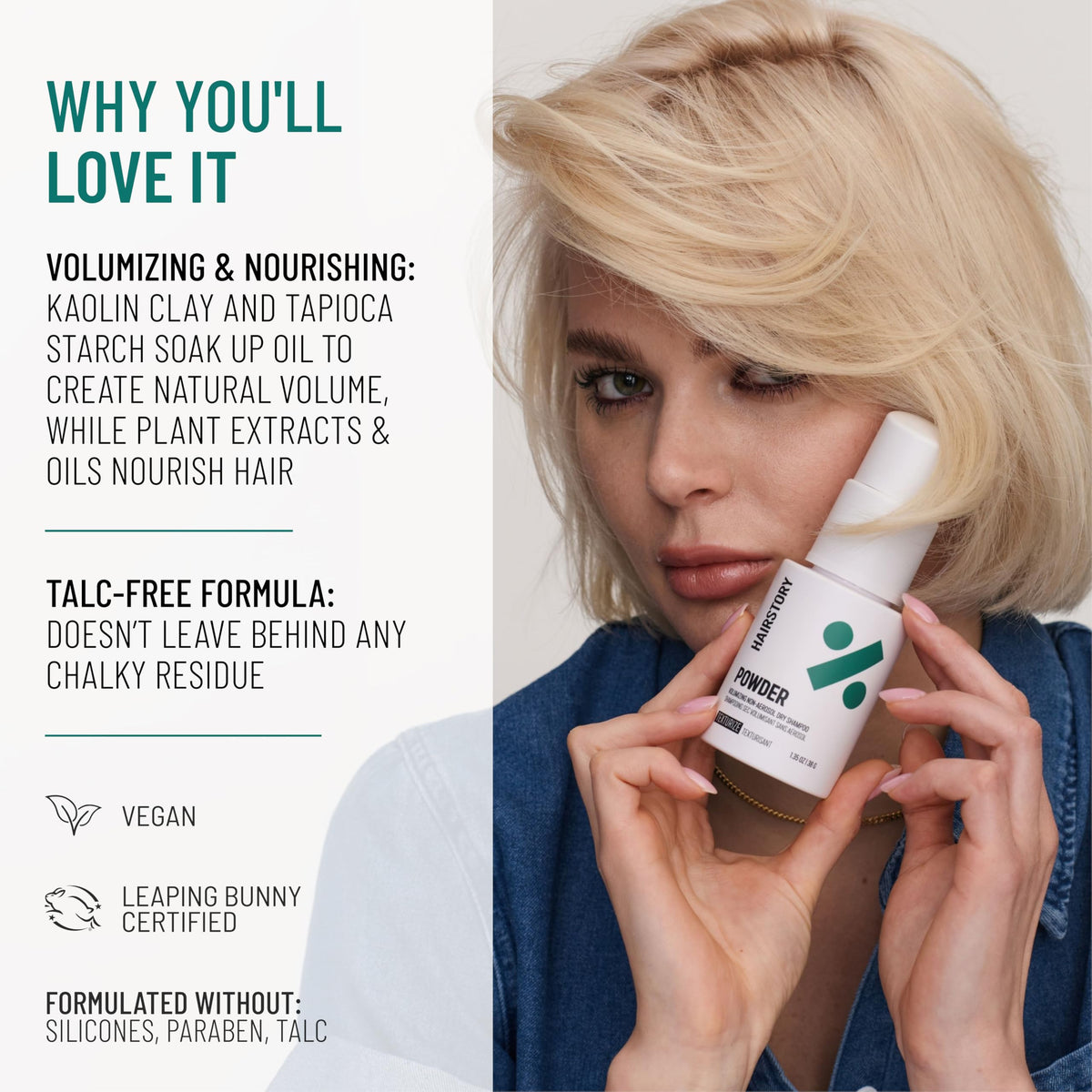 Hairstory Powder being patted into roots demonstrating fast refresh benefit