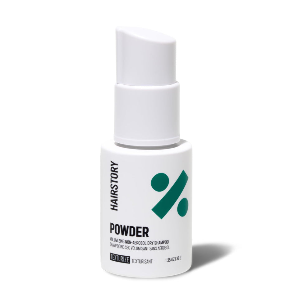 Hairstory Powder front pump view showing clean packaging and easy dispensing benefit