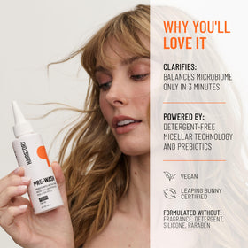 Hairstory Pre-Wash on a bathroom shelf suggesting easy everyday scalp refresh