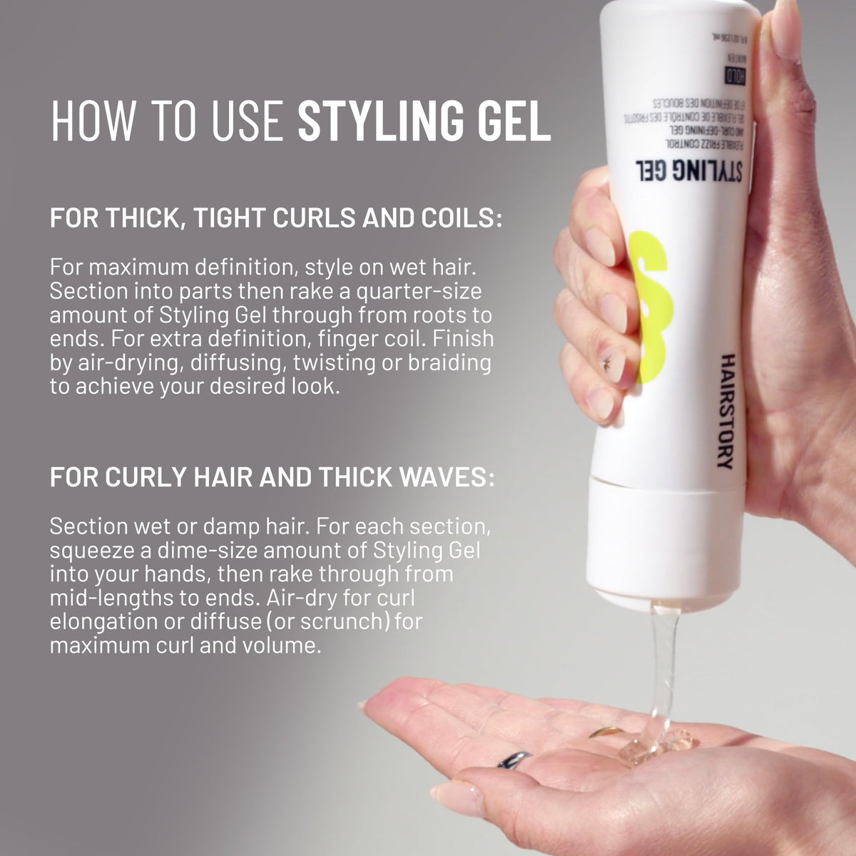 Hairstory gel being applied to wet curls for defined, frizz-controlled results
