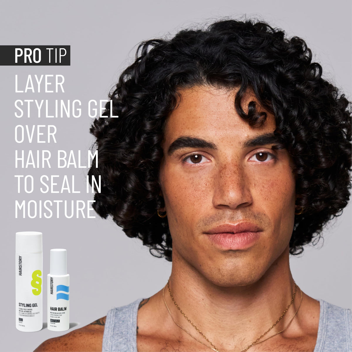 Hairstory styling gel next to common bottle illustrating the 8 fl oz size benefit