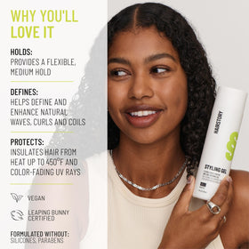 Hairstory gel texture on hand highlighting lightweight, non-crunch feel