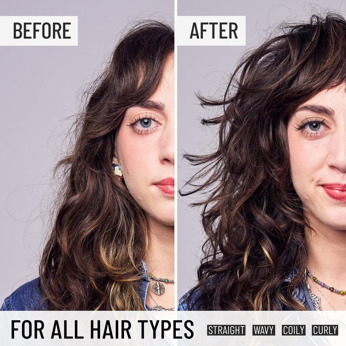Hairstory dry hair lifestyle image showing natural volume and movement