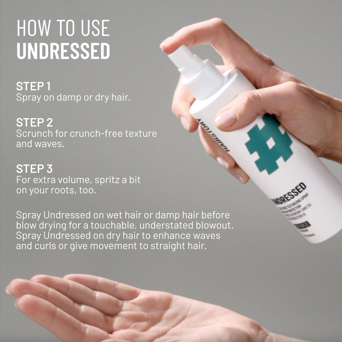 Hairstory mist spray mid-air showing fine texture and even distribution