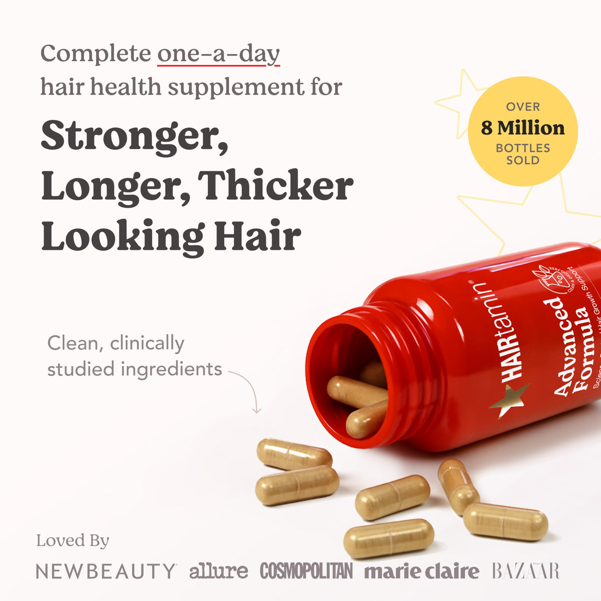 HAIRtamin capsule close-up highlighting smooth vegan capsule texture and easy swallowing