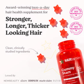 HAIRtamin bottle open with vegan gummies visible for easy dosing
