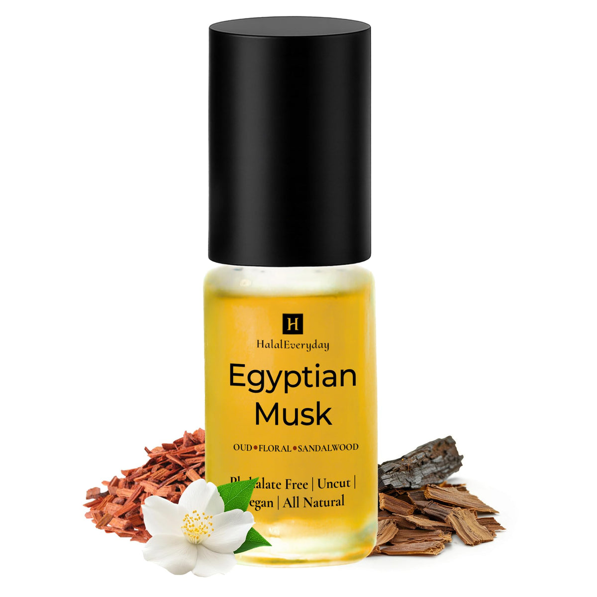 HalalEveryDay front view of 1 oz Egyptian Musk glass bottle, portable fragrance