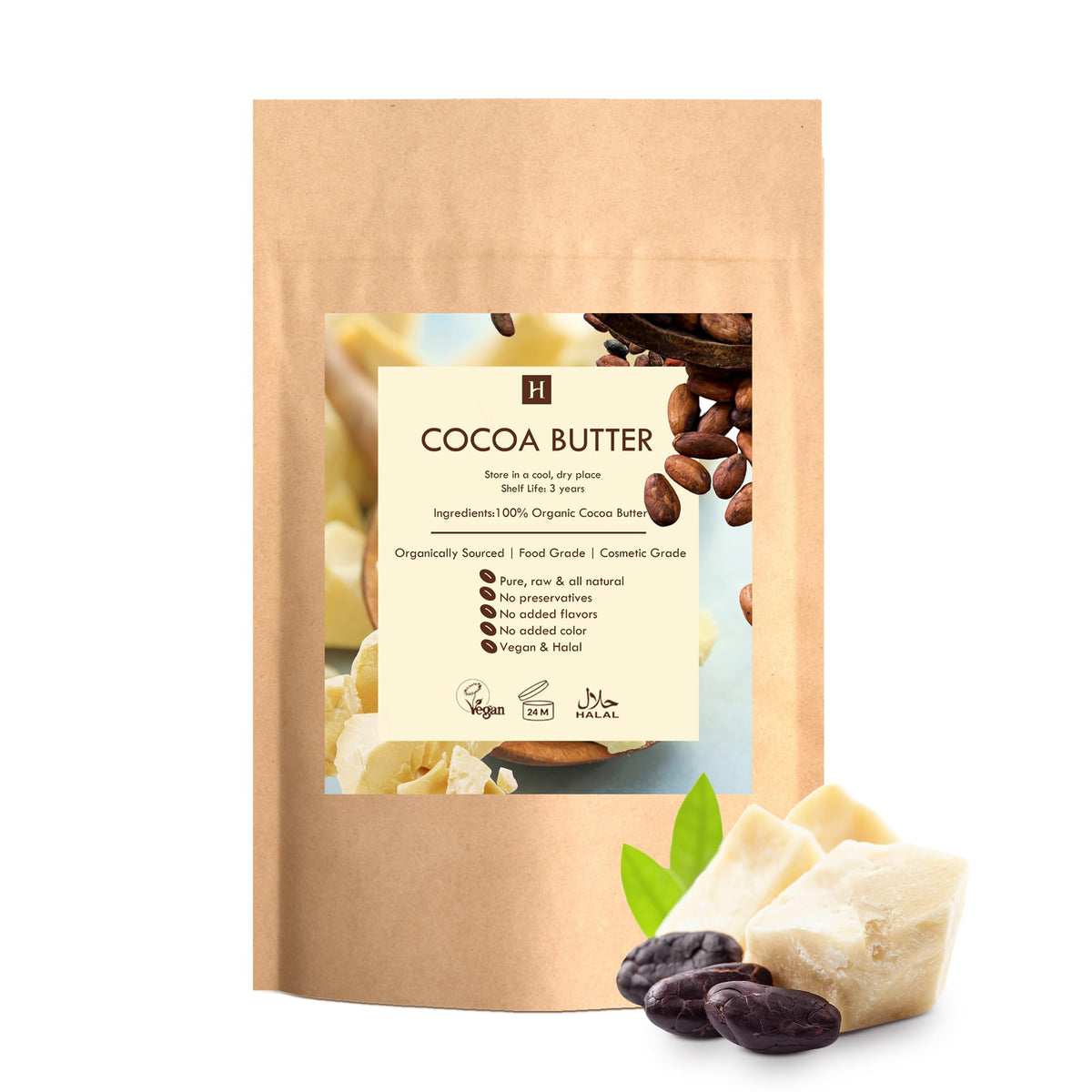 HalalEveryDay front packaging showing 5 lb bulk cocoa butter, convenient storage
