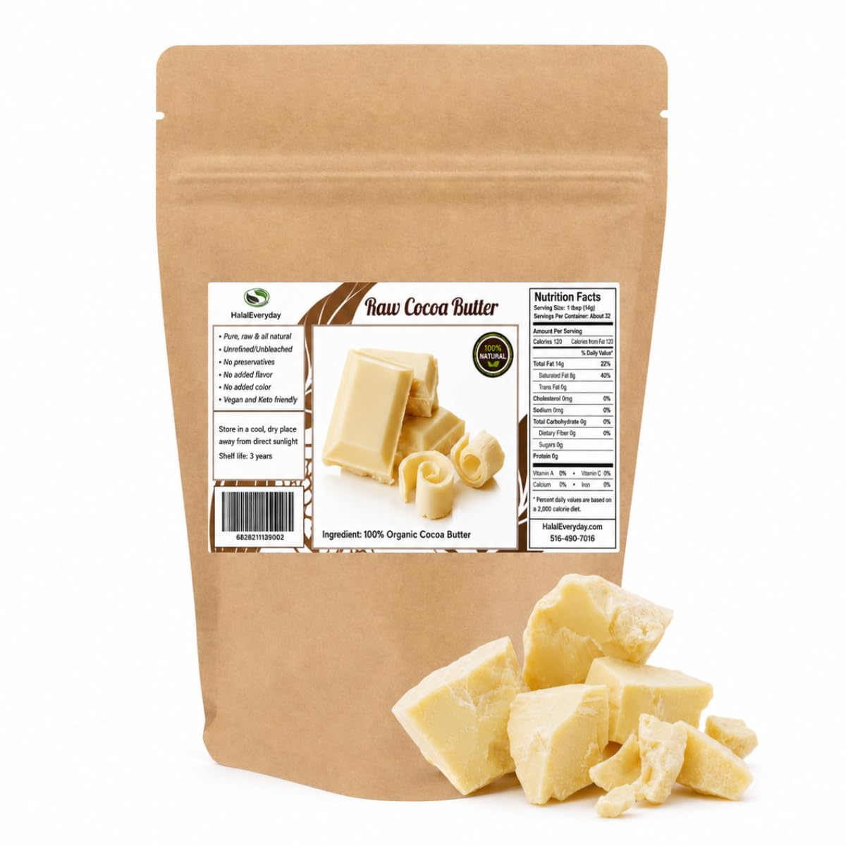 HalalEveryDay front pouch of 1 lb cocoa butter showing resealable packaging and benefits