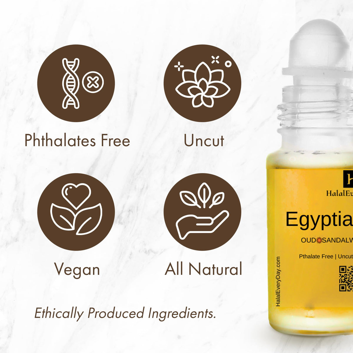 HalalEveryDay label on glass bottle displaying product name and alcohol-free feature