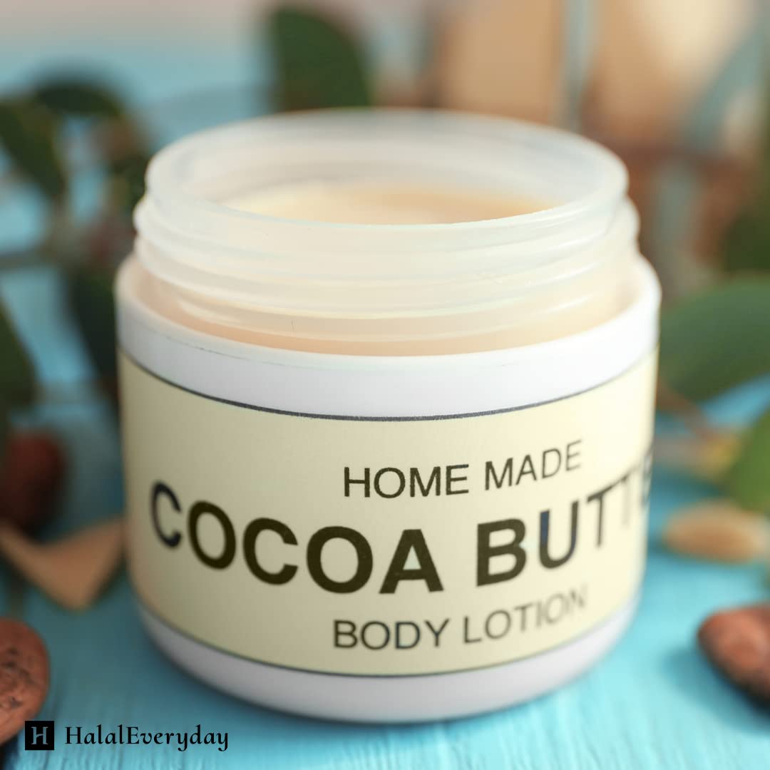 Product label on HalalEveryDay cocoa butter showing ingredients and shelf-life details