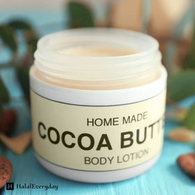 Product label on HalalEveryDay cocoa butter showing ingredients and shelf-life details