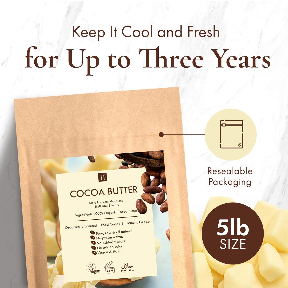 HalalEveryDay resealable kraft bag detail, keeps cocoa butter fresh and protected