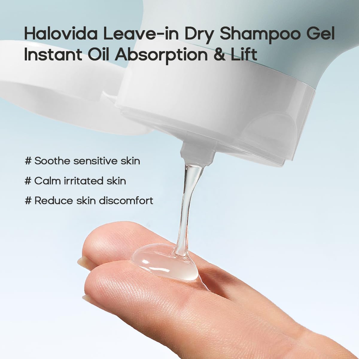 HALOVIDA gel rubbed on palms demonstrating residue-free application