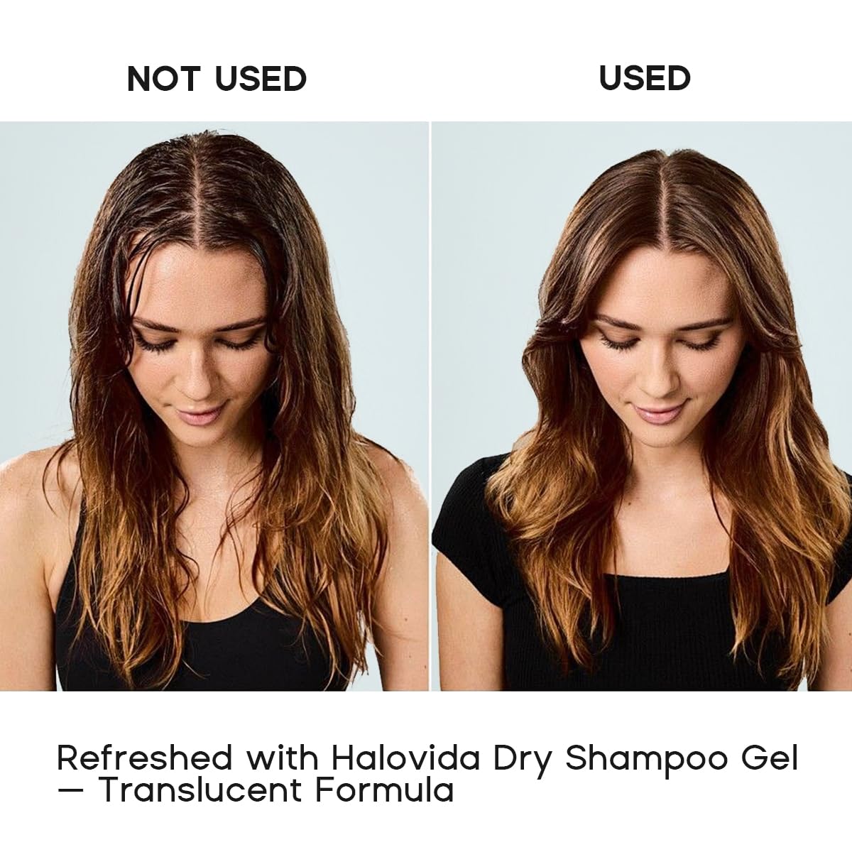 HALOVIDA before and after roots showing instant volume and matte finish