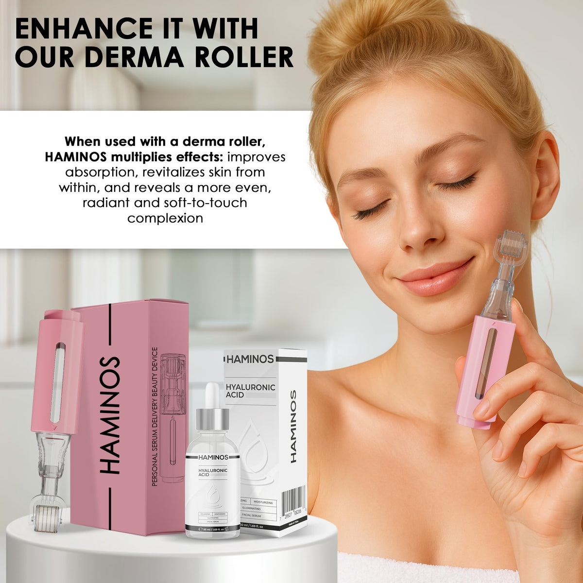 HAMINOS serum used with derma roller illustrating enhanced absorption benefit