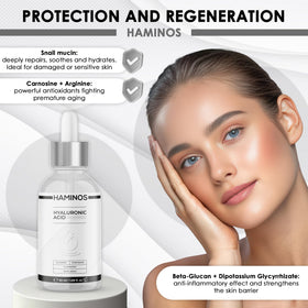 HAMINOS ingredient label listing hyaluronic, niacinamide and snail mucin benefit