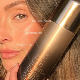 Hampton Sun fine mist spray close-up demonstrating even, no-rub application benefit