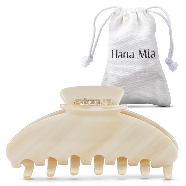 Hana Mia creme claw clip front view showing polished design and secure hold