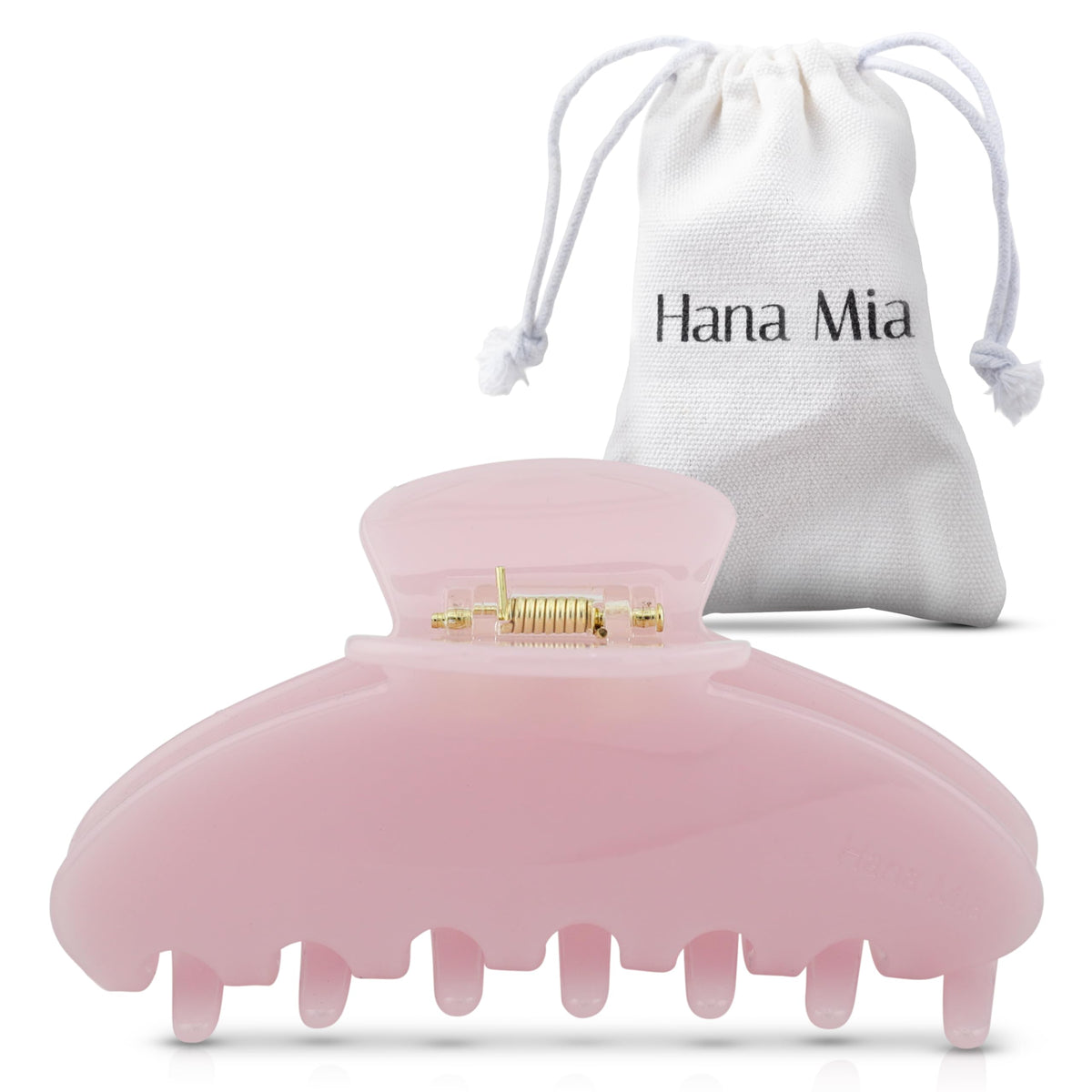 Hana Mia front view of pink claw clip showing glossy finish and shape, stylish convenience