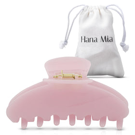 Hana Mia front view of pink claw clip showing glossy finish and shape, stylish convenience