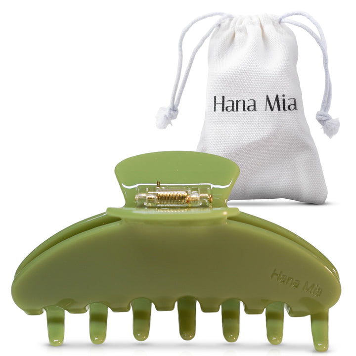 Hana Mia front view of green acetate claw clip shows polished finish and secure hold