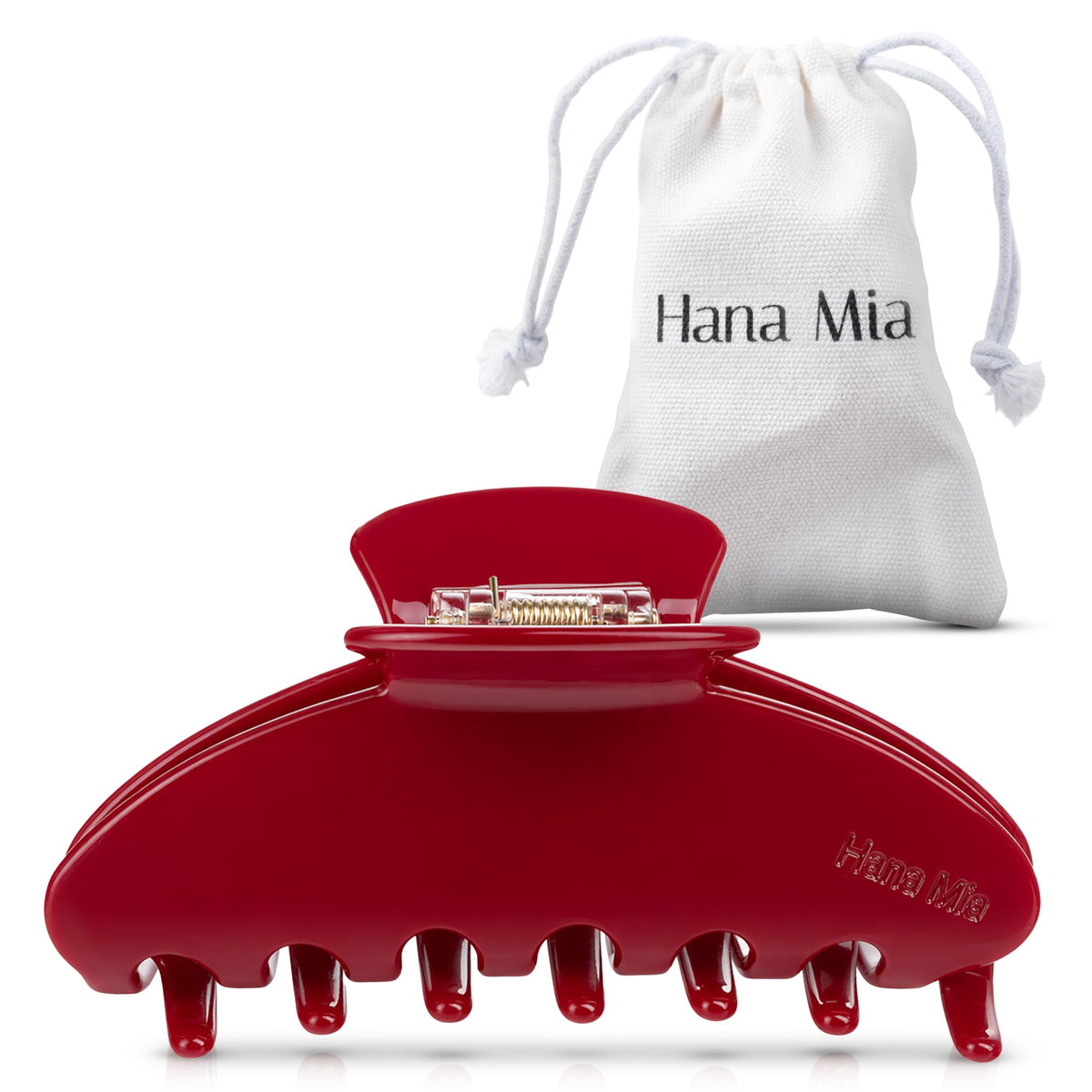 Hana Mia front view of red claw clip showing glossy finish and shape for polished style