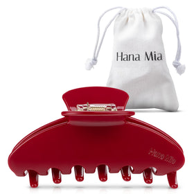 Hana Mia front view of red claw clip showing glossy finish and shape for polished style