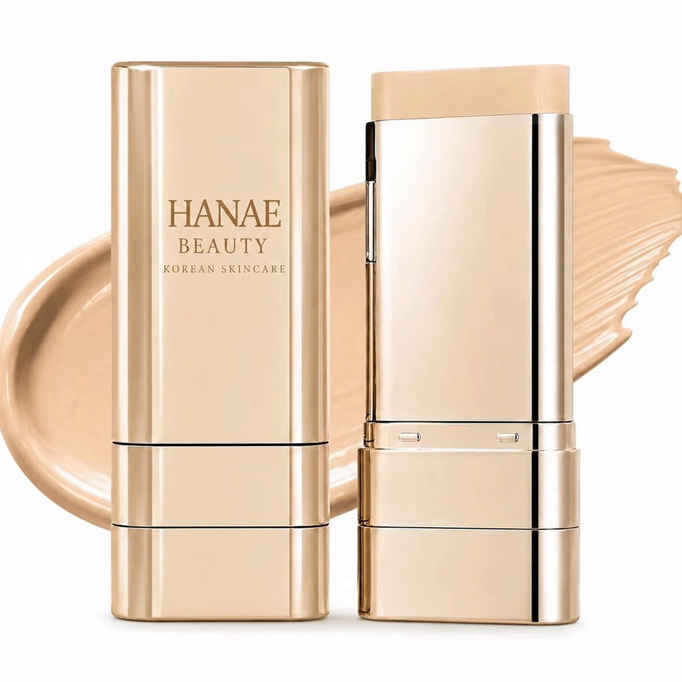 Hanae Beauty foundation stick front view showing shade and sleek design benefit portability