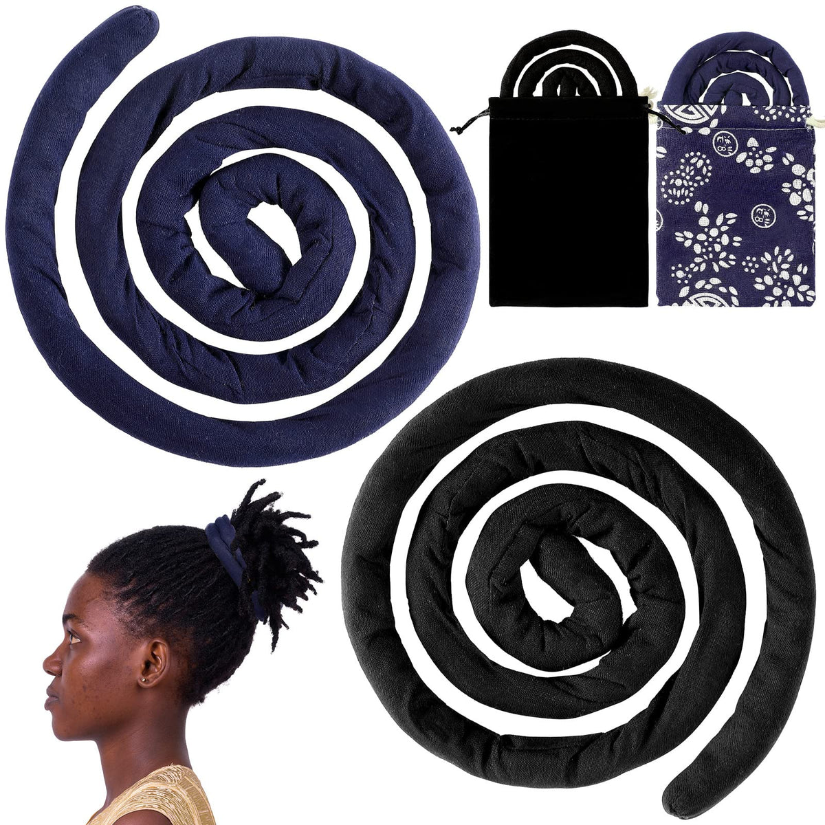 Hanaive front view of two spiral lock hair ties showing colors and packaging for easy selection and storage