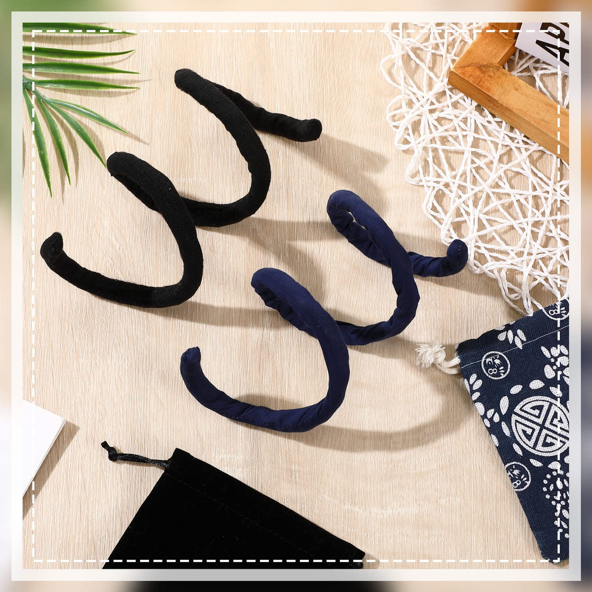 Hanaive two color pouches with ties displayed for tidy storage and easy transport