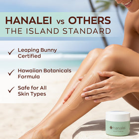 Hanalei aloe gel ingredients display with noni papaya and aloe for gentle care