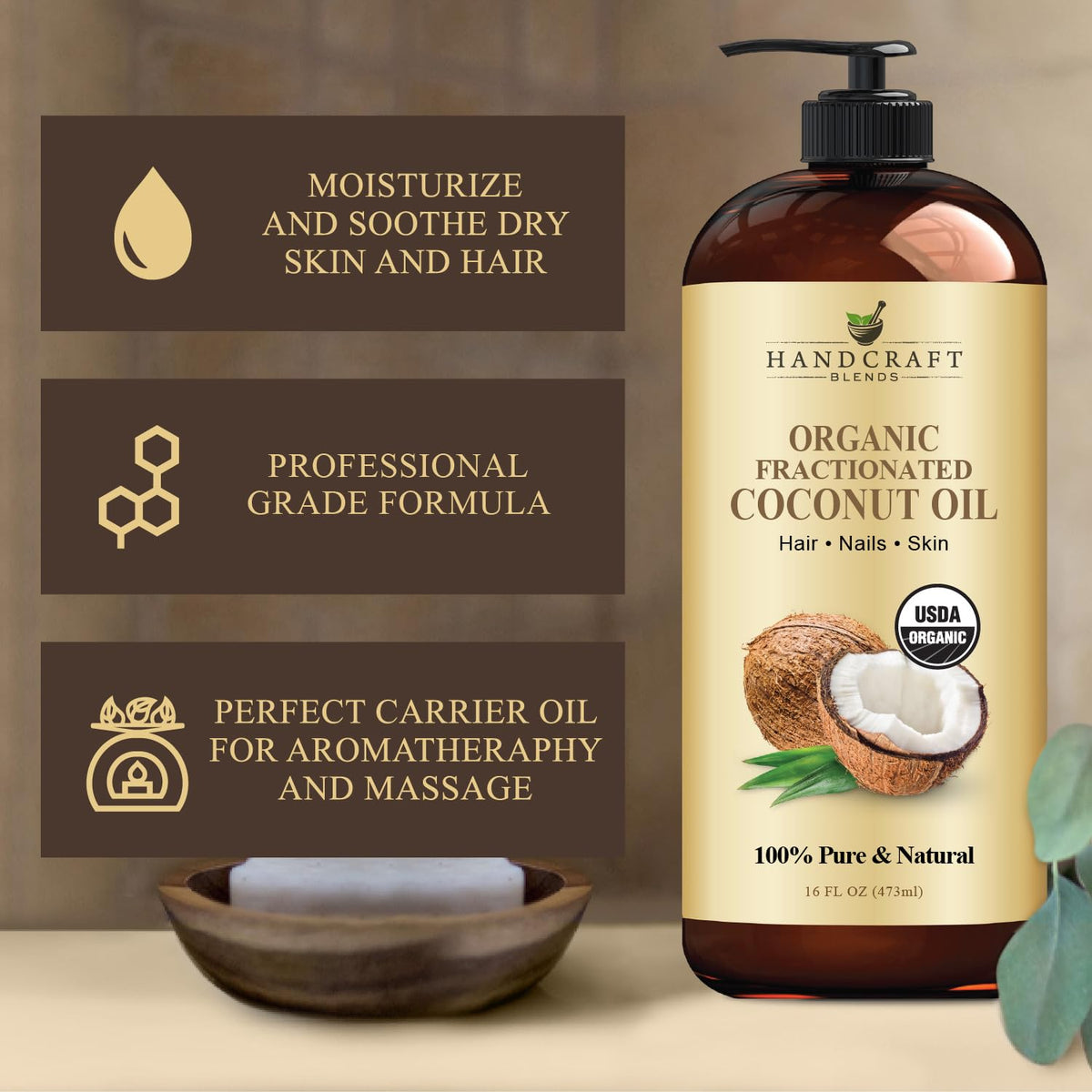 Handcraft Blends bottle in hands demonstrating easy application and lightweight feel benefit