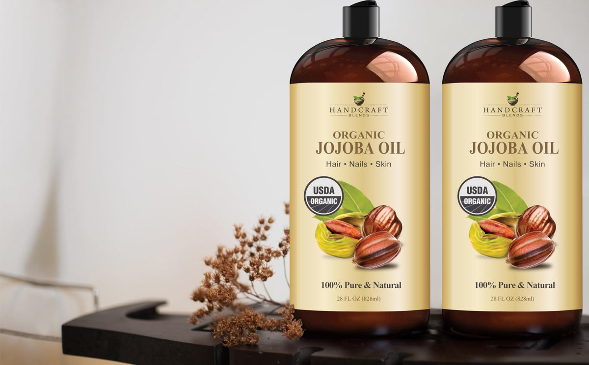 Handcraft Blends bottle on bathroom vanity styled with towels, conveys daily skincare routine