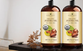 Handcraft Blends bottle on bathroom vanity styled with towels, conveys daily skincare routine