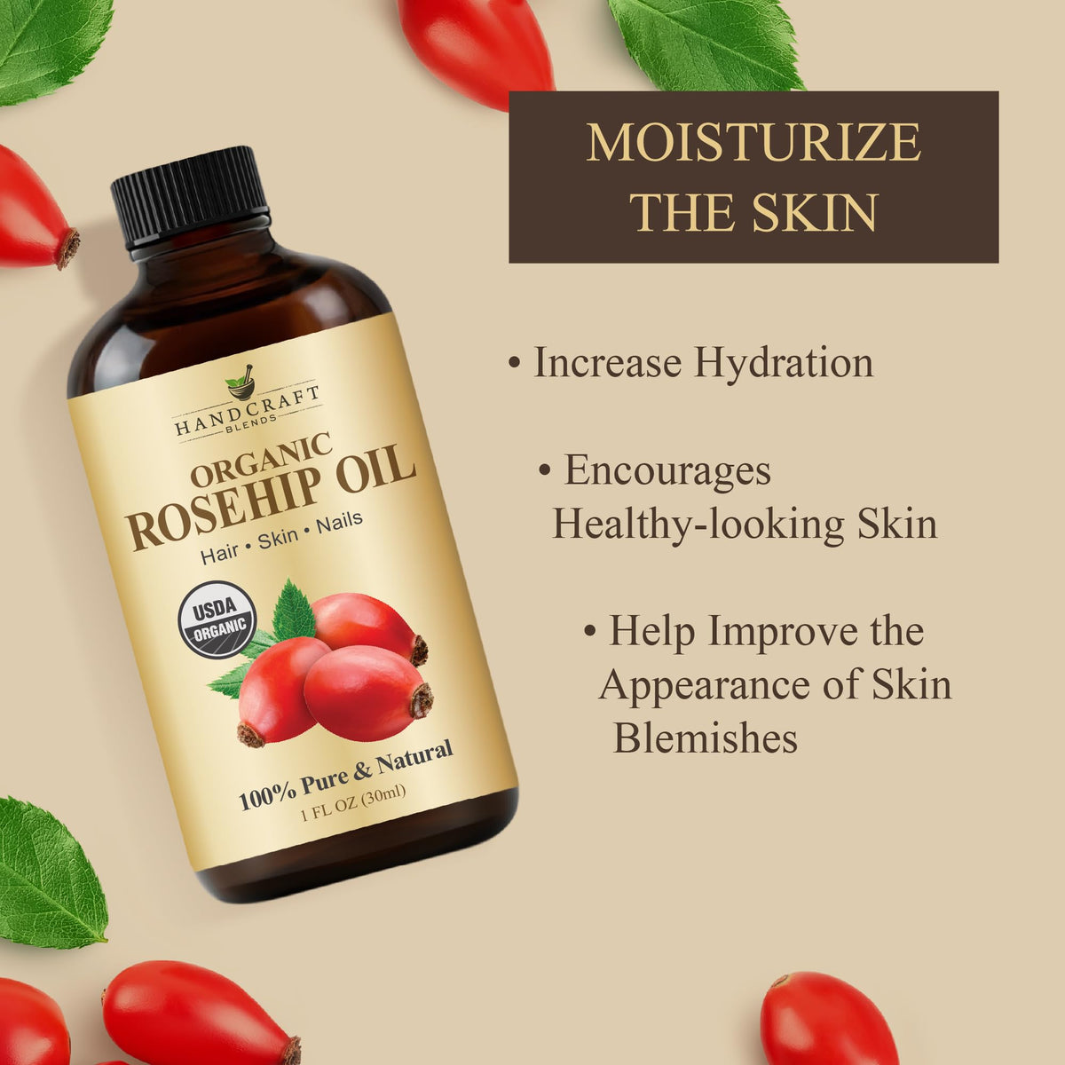 Handcraft Blends rosehip oil applied to skin showing quick nourishment benefit